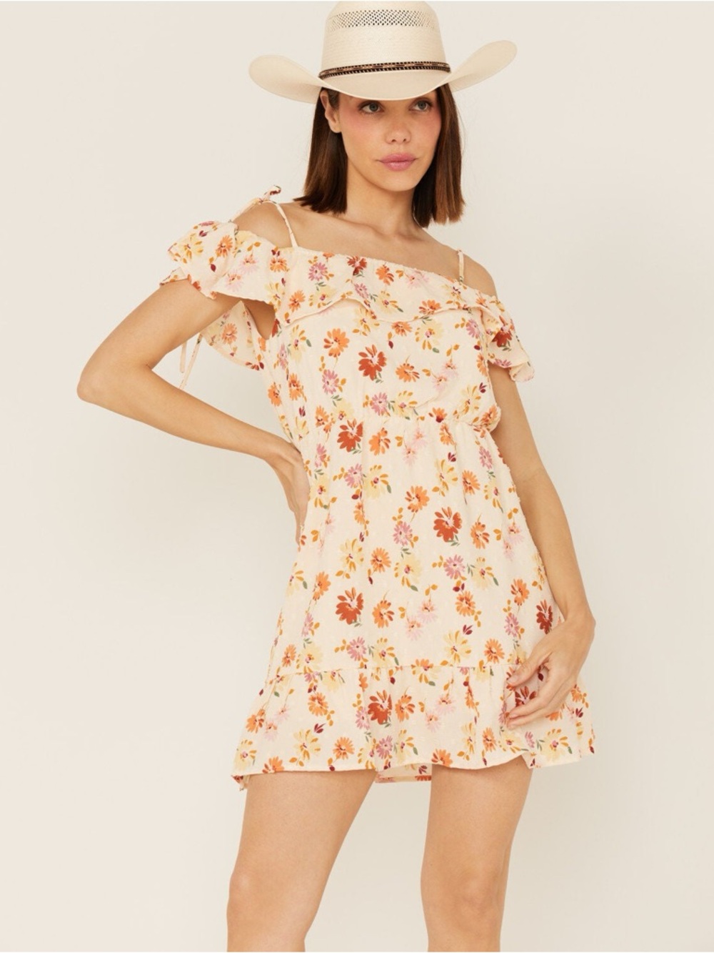 Peach Floral Off-Shoulder Mini Dress